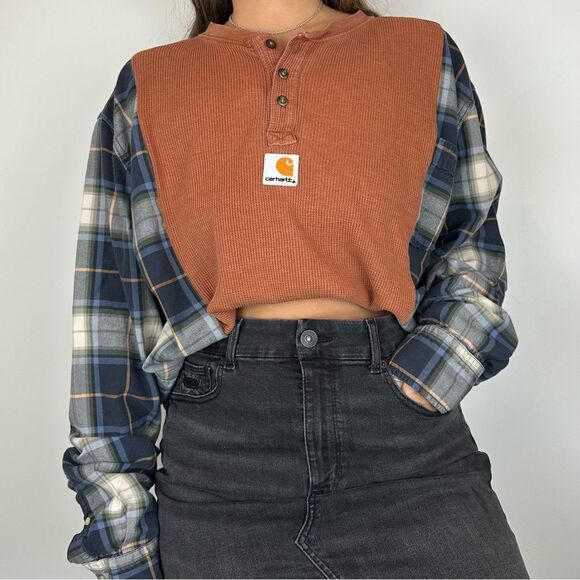 Carhartt Reworked Upcycled Brown Henley Loose Fit Long Sleeve Flannel Shirt Top - Picture 1 of 3